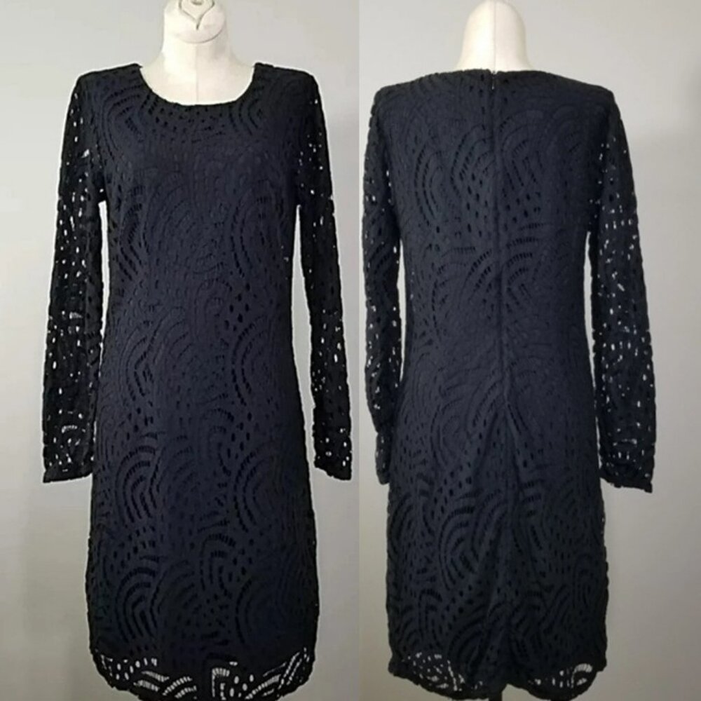 Boden Black Lace Sheath Dress 6 Ponte Knit Stretch LBD Sheer Long Sleeve